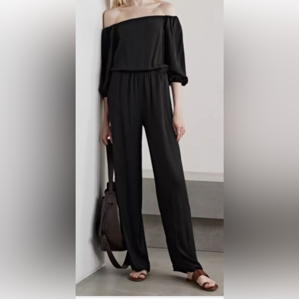 NWT size O/S P Theory Off-Shoulder/Square Neck Silk Crepe Jumpsuit BLACK